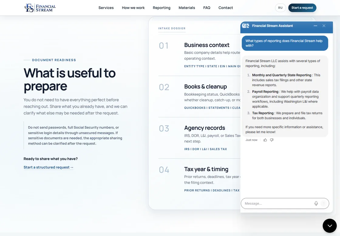 Financial Stream English Reporting section with an open Chatbase panel showing a complete localized response.