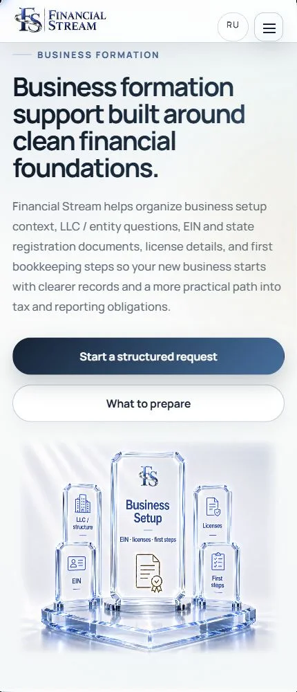 English mobile view of Financial Stream’s Company Formation page showing the service heading, introductory copy, primary action and supporting image.