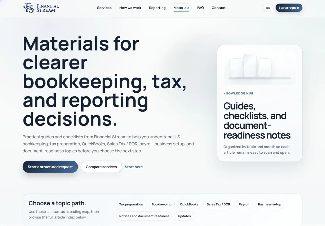 Financial Stream English Materials page showing its resource heading and organized accounting, tax and business-guidance content.