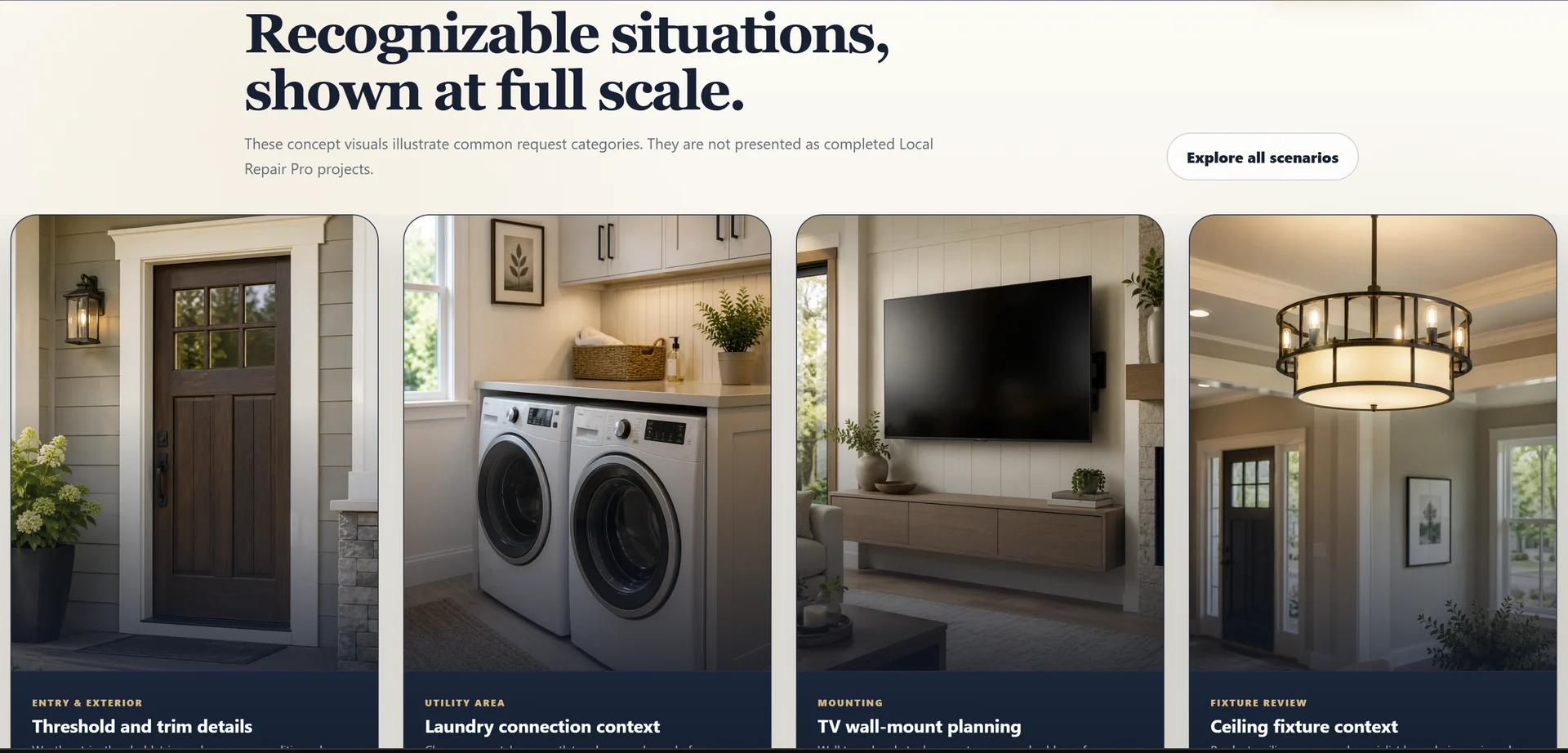 Four concept project scenarios with category labels for entry details, laundry access, mounting and fixture review.