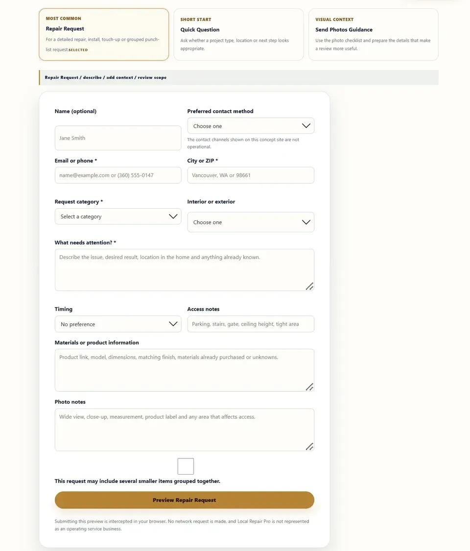 The complete Local Repair Pro request form showing intent paths, detail fields, and the preview action.